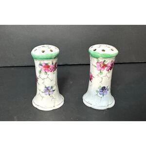 Pair Hand Painted Hat Pin Holders Floral Design VIOLETS Green Gold Trim